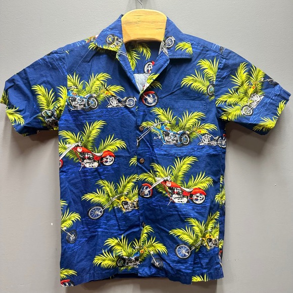 Aloha Republic Other - Aloha Republic Hawaiian Shirt Men S Blue Motorcycle Palm Tree Tropical